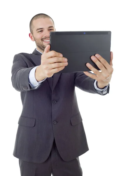 Geschäftsmann Anzug Und Krawatte Macht Selfie Foto Mit Tablet Posiert — Stockfoto