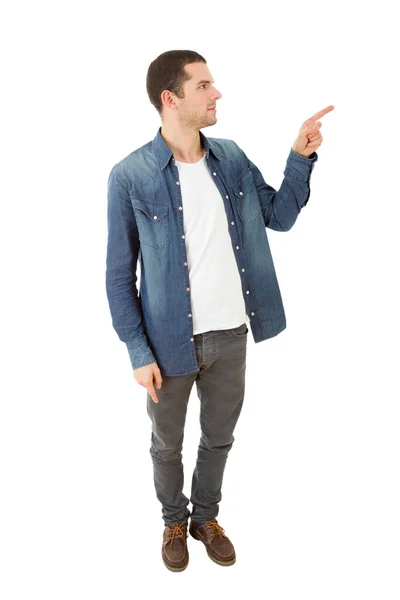 Young Casual Man Full Length Pointing Isolated White — Stock Photo, Image