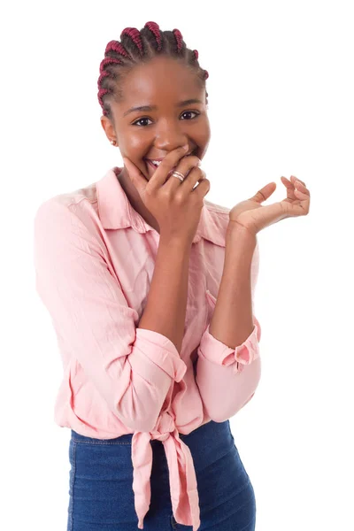 Gelukkig Afrikaans Meisje Geïsoleerd Witte Achtergrond — Stockfoto