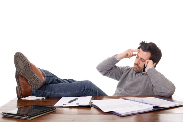 Worried Man Working Desk Isolated White Background — Stock Photo, Image