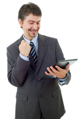 Dokunmatik tablet bilgisayarı kullanan işadamı, izole