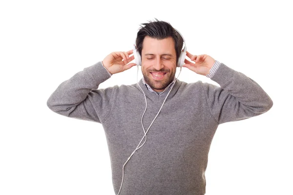 Casual Jongeman Luisteren Muziek Met Hoofdtelefoon Geïsoleerd Witte Achtergrond — Stockfoto