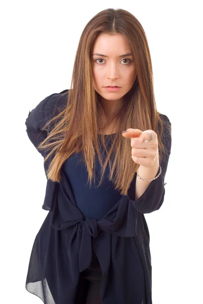 Joven Feliz Hermosa Mujer Señalando Aislado Blanco — Foto de Stock