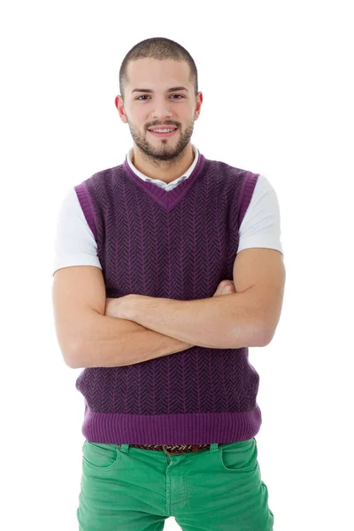 Retrato Hombre Casual Feliz Joven Aislado Blanco — Foto de Stock