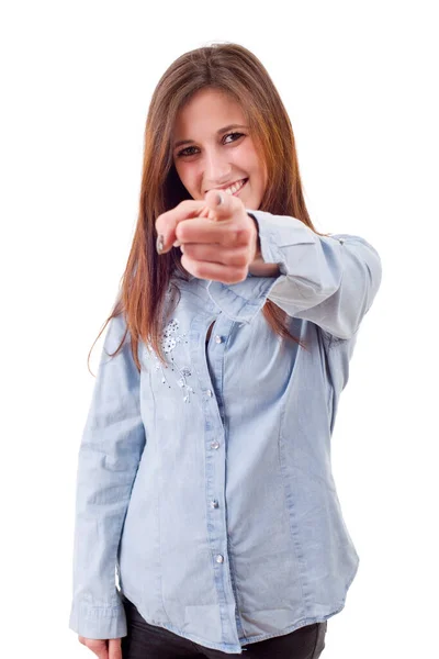 Jong Casual Mooi Vrouw Wijzend Geïsoleerd Wit — Stockfoto