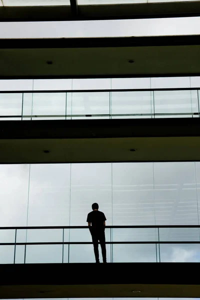 Widok Sylwetki Młodego Biznesmena Nowoczesnym Budynku Biurowym Panoramicznymi Oknami — Zdjęcie stockowe