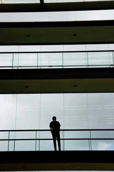 Vista Silueta Del Joven Empresario Moderno Edificio Oficinas Interior Con —  Fotos de Stock