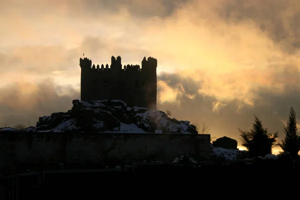 Hrad Penedono Sněhem Při Západu Slunce Guarda Portugalsko — Stock fotografie