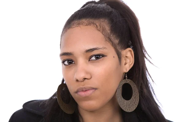 Afrikaans Meisje Close Portret Geïsoleerd Witte Achtergrond — Stockfoto