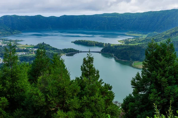 Живописный Вид Озеро Sete Cidades Озеро Вулканического Кратера Острове Сао — стоковое фото