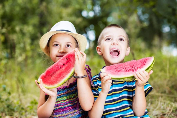 E 'ora del picnic. Bambini con anguria — Foto Stock