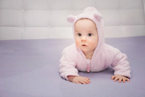 Surprised Little Baby Lying His Tummy Suit Ears — Stock Photo, Image