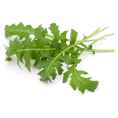 Taze rucola yaprakları yeşil beyaz arka plan üzerinde izole stüdyo çekim kapatın. Roket salata veya roka.