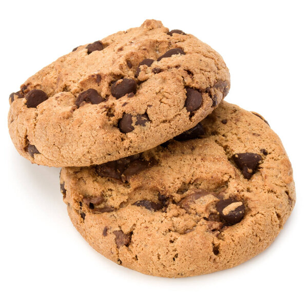 Two Chocolate chip cookies isolated on white background. Sweet biscuits. Homemade pastry.
