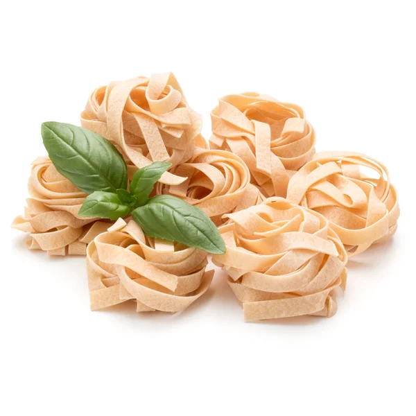 Italian Pasta Fettuccine Nest Basil Leaves Isolated White Background Cutout — Stock Photo, Image