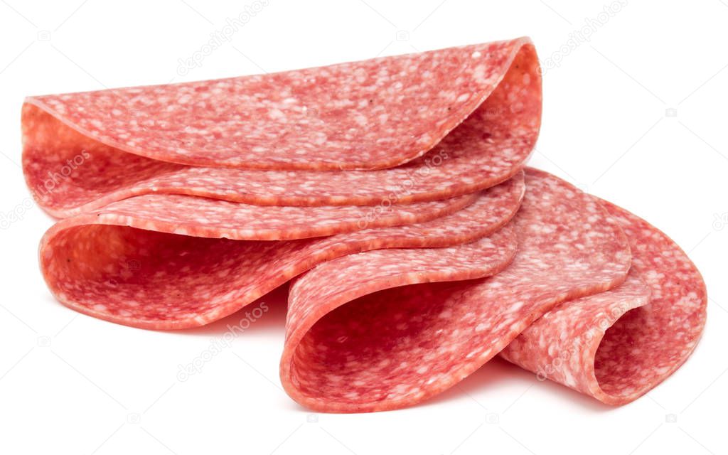 Salami smoked sausage slices isolated on white background