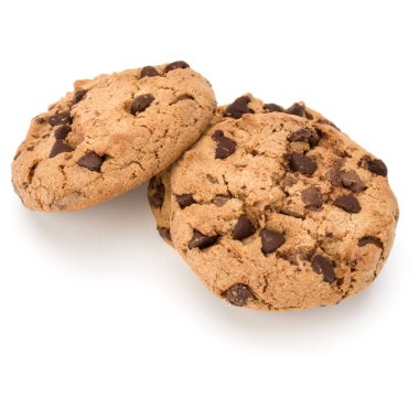 Beyaz arka plan üzerinde izole üç çikolatalı kurabiye. Tatlı