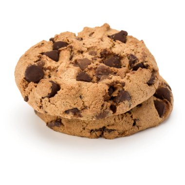 Beyaz arka plan üzerinde izole iki çikolatalı kurabiye. Tatlı b