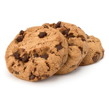 Beyaz arka plan üzerinde izole üç çikolatalı kurabiye. Tatlı