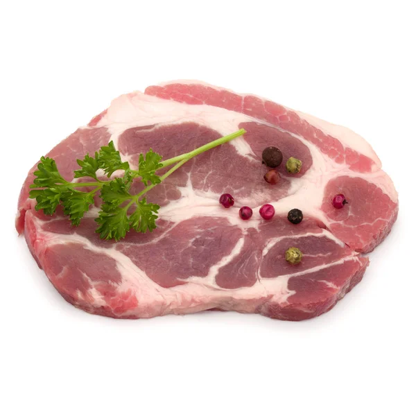 Rohes Schweinenacken Hacken Fleisch Mit Petersilie Kräuterblättern Und Pfefferkörnern Garnieren — Stockfoto