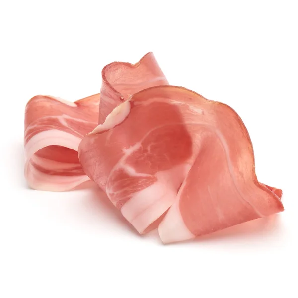 Prosciutto crudo italiano o jamón. Jamón crudo. Aislado en ba blanca —  Fotos de Stock