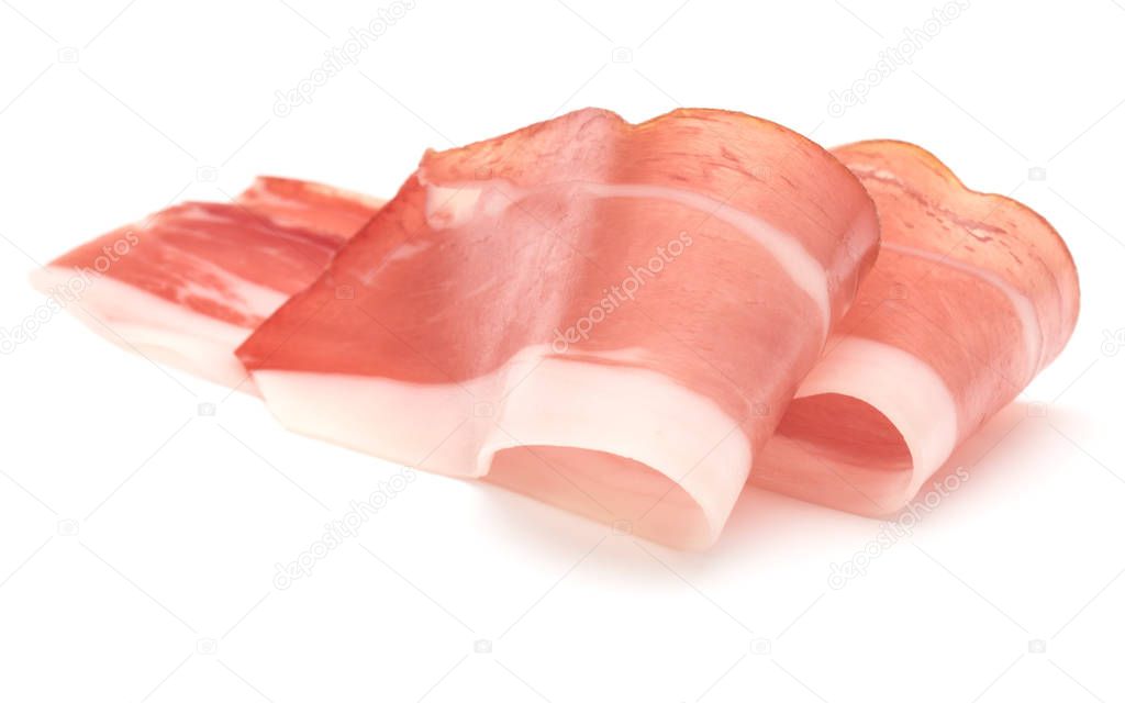 Italian prosciutto crudo or jamon. Raw ham. Isolated on white ba