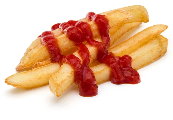 Batatas fritas francesas com ketchup isolado sobre fundo branco — Fotografia de Stock