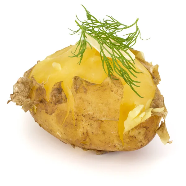 Jedno vařené oloupané brambory s koprem a másla izolované na bílém — Stock fotografie