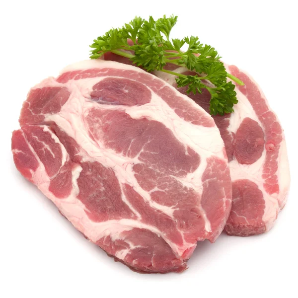 Gâtul de porc crud taie carnea cu frunze de plante de pătrunjel garnitură izolat — Fotografie, imagine de stoc