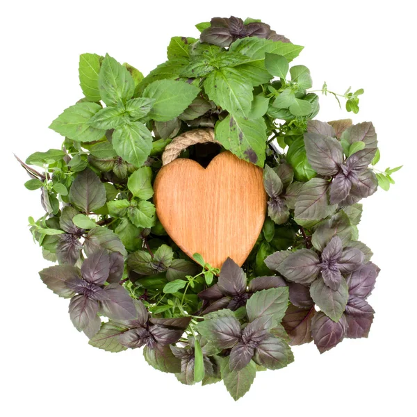 Cutting Wooden Board Shape Heart Various Sweet Basil Herb Leaves — Stock Photo, Image