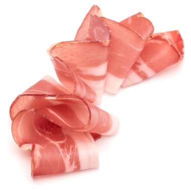 İtalyan prosciutto crudo veya jamon. Çiğ jambon. Beyaz arkaplanda izole