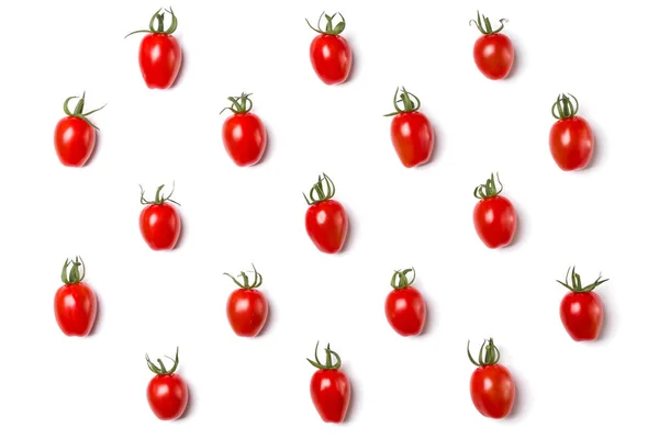 Nahrungsmuster Von Kirschtomaten Isoliert Auf Gelbem Hintergrund Flache Lage Draufsicht — Stockfoto