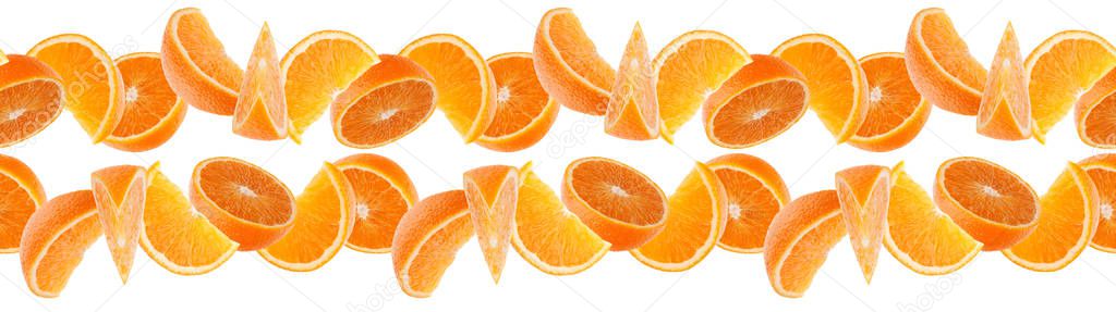 Orange fruit seamless pattern. Orange segments isolated on white background. Food background. Line arrangement.