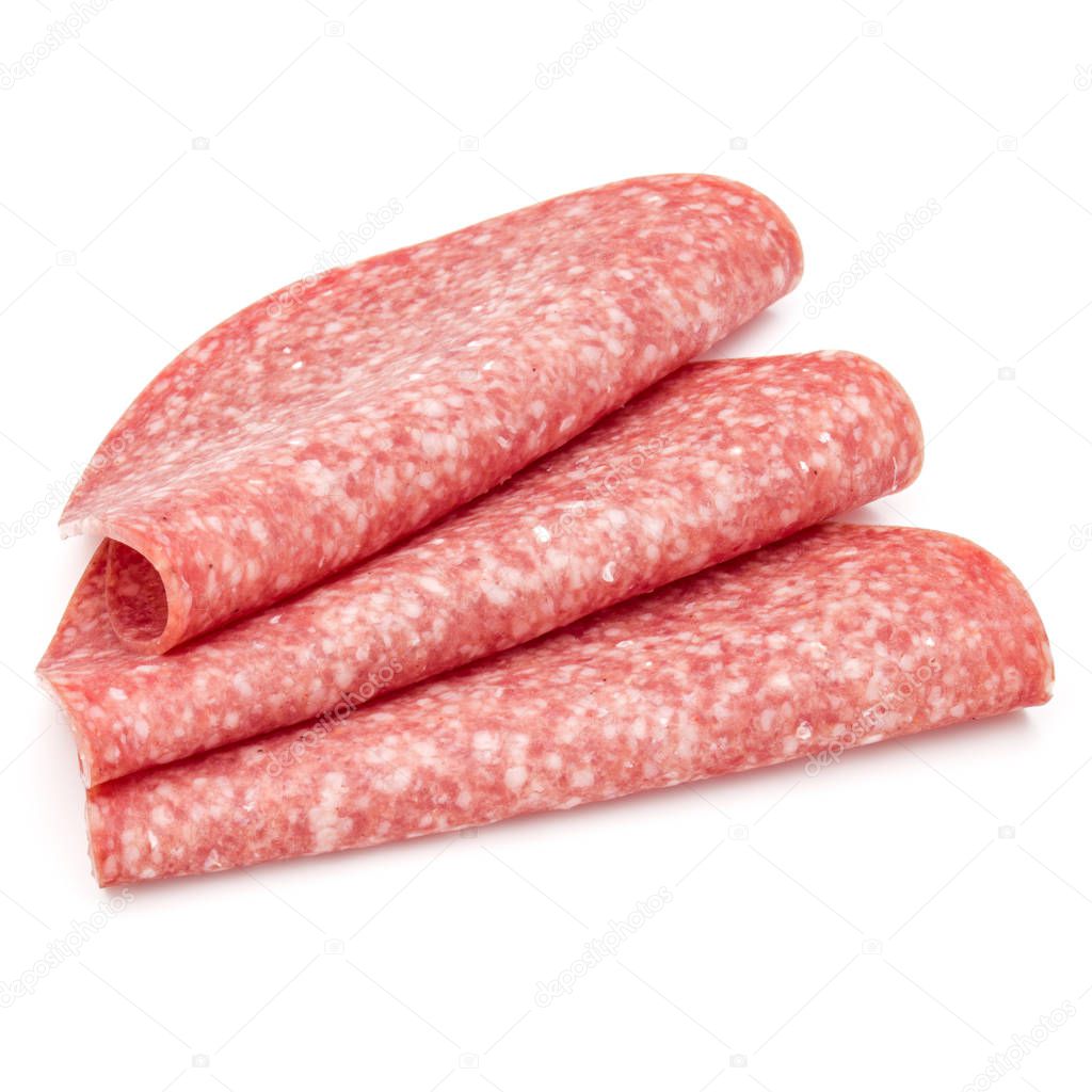 Salami smoked sausage slices isolated on white background