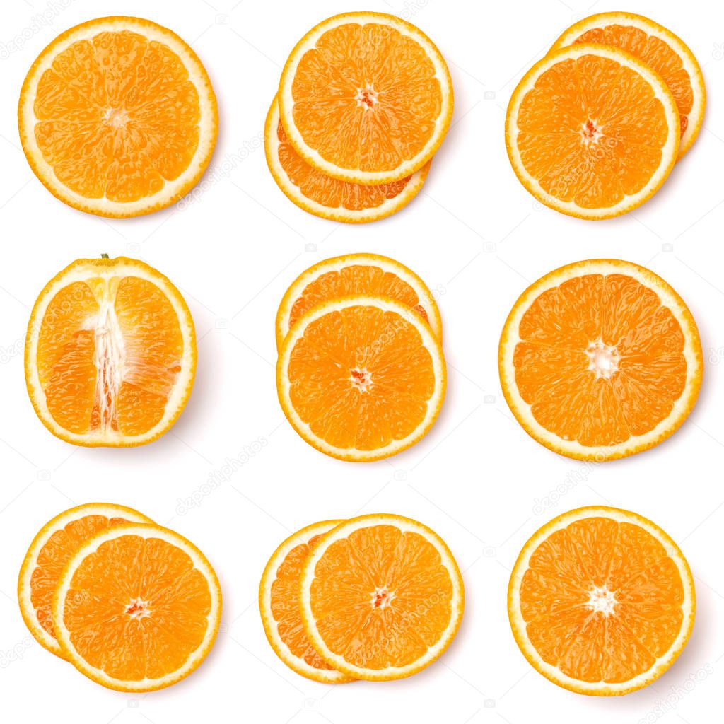 Seamless pattern of orange fruit slices isolated on white background.