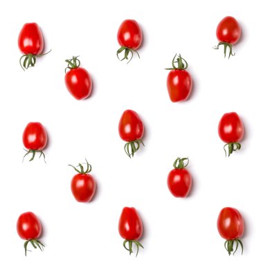 Kiraz domates izole sarı zemin üzerine gıda deseni. Düz yatıyordu, en iyi görünümü.