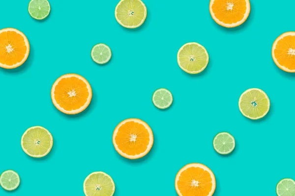 Citrus Fruit Pattern Blue Background Orange Lime Lemon Slices Background — Stock Photo, Image