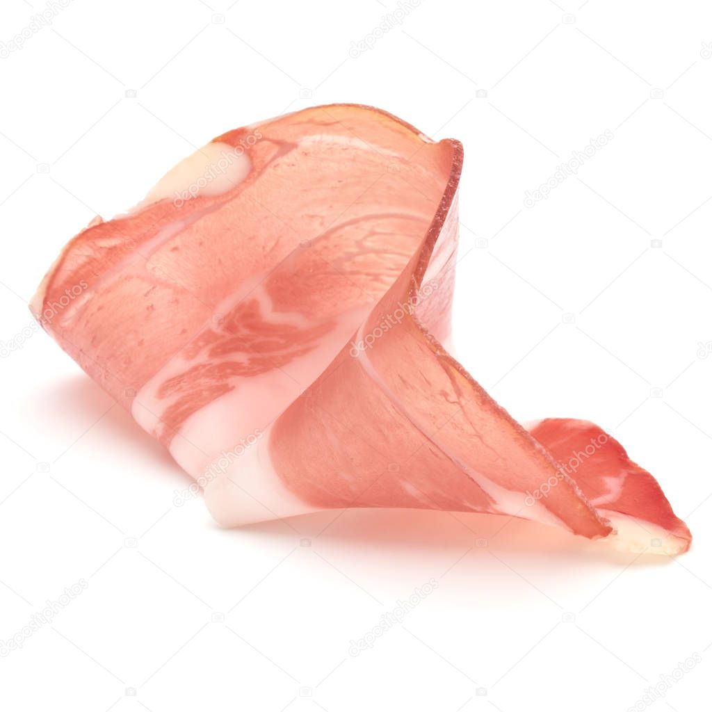 Italian prosciutto crudo or jamon. Raw ham. Isolated on white background