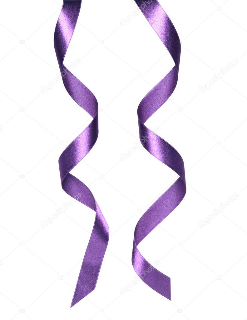 Shiny satin ribbon in lavender color isolated on white background close up. Ribbon image for decoration design.