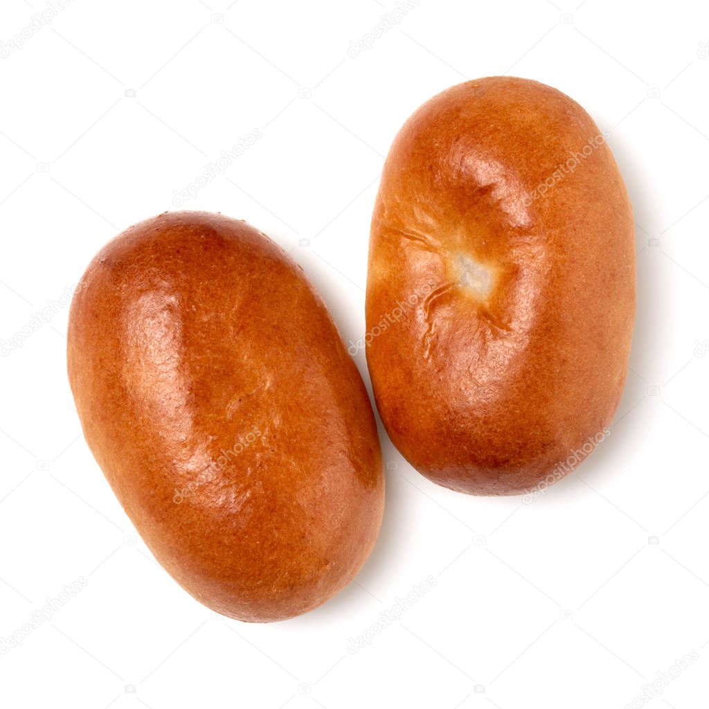 Homemade pasty, Russian stuffed pastry. Pirozhki isolated on white background. Flat lay, top view.