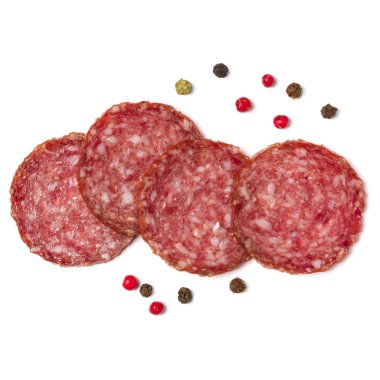 Beyaz arka plan closeup izole salam dilimleri. Sosis t