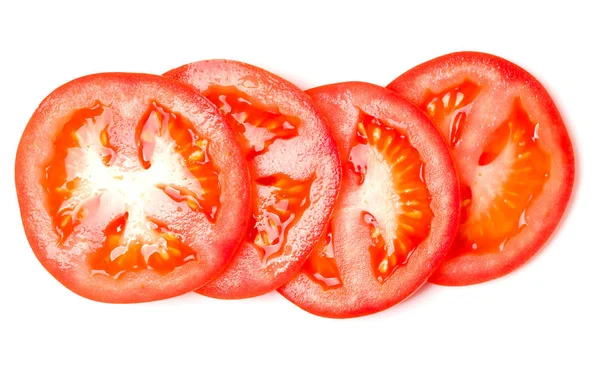 Potongan tomat yang diisolasi dengan latar belakang putih. Tampilan atas, datar la — Stok Foto