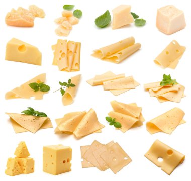 Peynir koleksiyonu beyaz arka plan üzerinde izole. Farklı bir küme