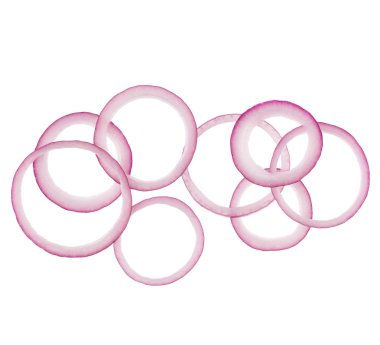  beyaz arka plan üzerinde izole kırmızı soğan dilimleri. Üst te. Düz l