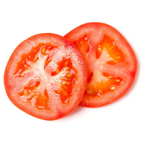 Tomatenscheiben isoliert auf weißem Hintergrund. von oben, flach la — Stockfoto