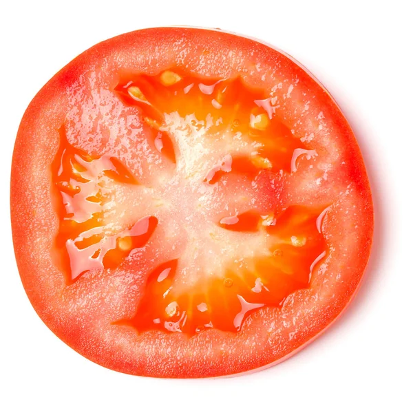 Fatia de tomate isolada sobre fundo branco. Vista superior, flat lay — Fotografia de Stock