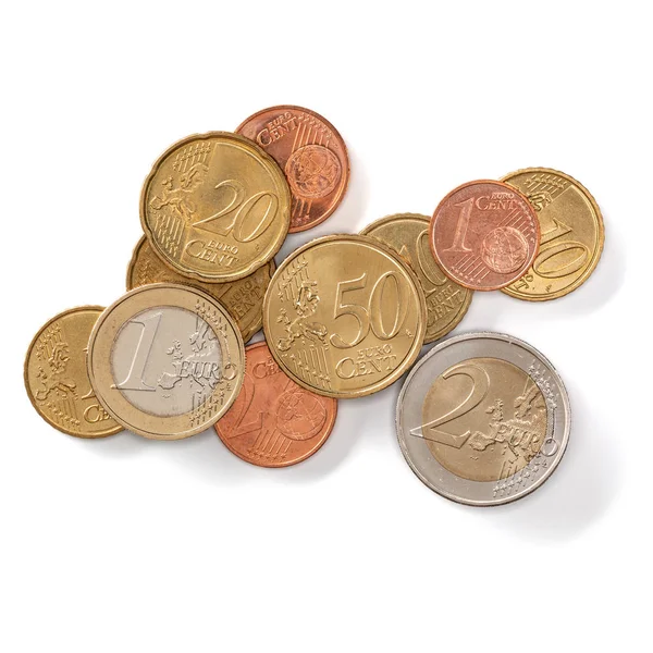 Euro Munten Geïsoleerd Witte Achtergrond Close Money Concept Bovenaanzicht Vlakke — Stockfoto