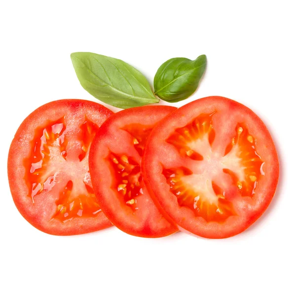 Fatias de folhas de tomate e manjericão isoladas sobre fundo branco . — Fotografia de Stock