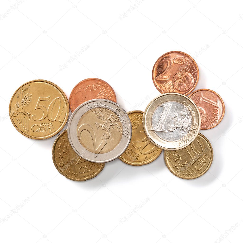 Euro coins isolated on white background closeup. Money concept. Top view, flat lay.