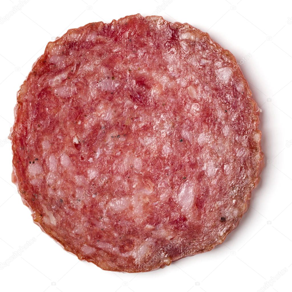Slice of salami isolated on white background closeup. 